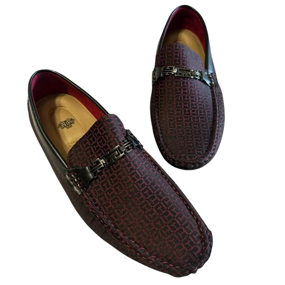 Royal Shoes Mens  Loafer Moccasin Driving Burgundy Black Geo Casual Size 12